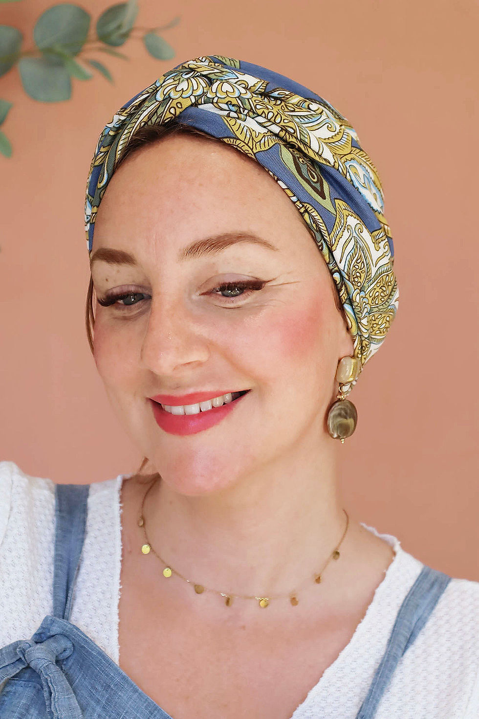 Miniature : turban bonnet pré noué indra bleu chimiothérapie motif cachemire femme alopécie facile à enfiler