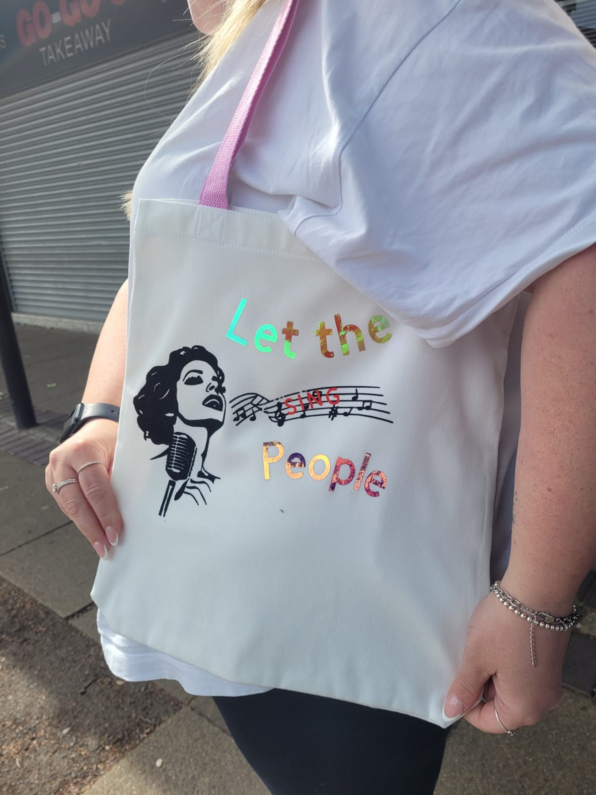 Pink and White Shiny Let the People Sing Tote Bag
