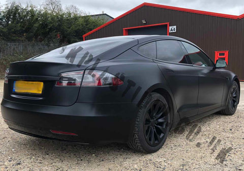 Tesla Model S with a satin black Spray Wrap on it from UK Plasti Dip