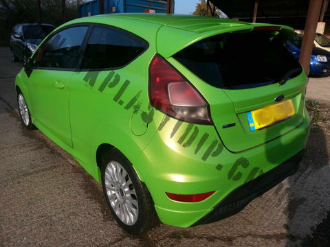 Ford Fiesta with a matte replica RS focus green (ultimate green) Spray Wrap on it from UK Plasti Dip