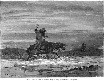 « Mlle Lise Cristiani dans les marais », dessin de Foulquier d’après un récit ajouté dans Le Tour du Monde en 1863. – La ten