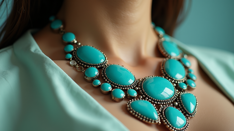 Close-up view of vintage 1970s turquoise statement necklace