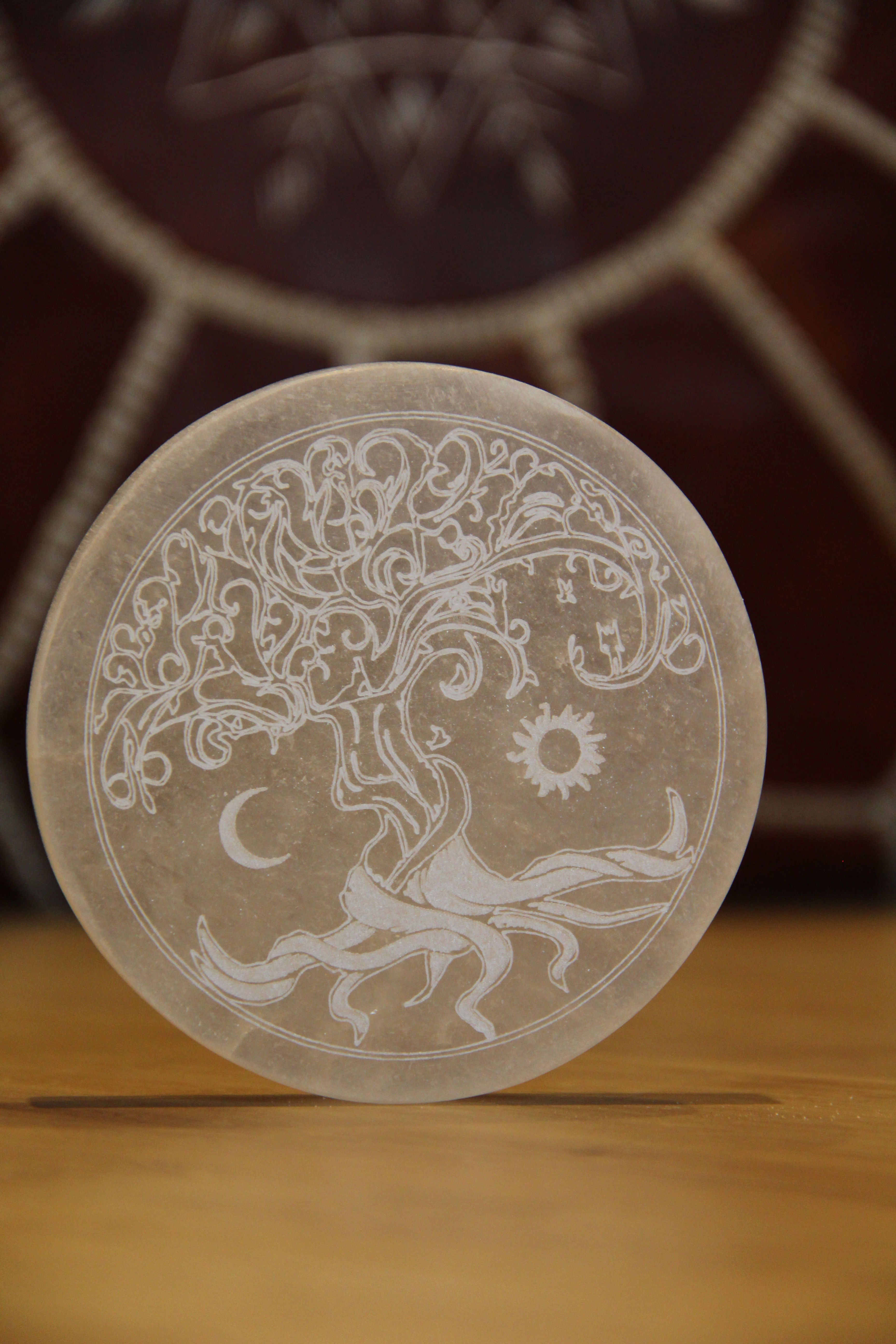 Selenit Scheibe Lebensbaum - Version 2 - 10cm