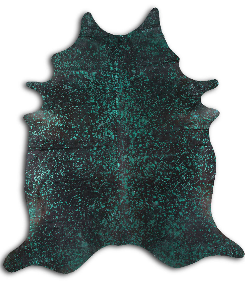 Concentrate cowhide rugs for sale GREEN METALLIC ON BLACK rug
