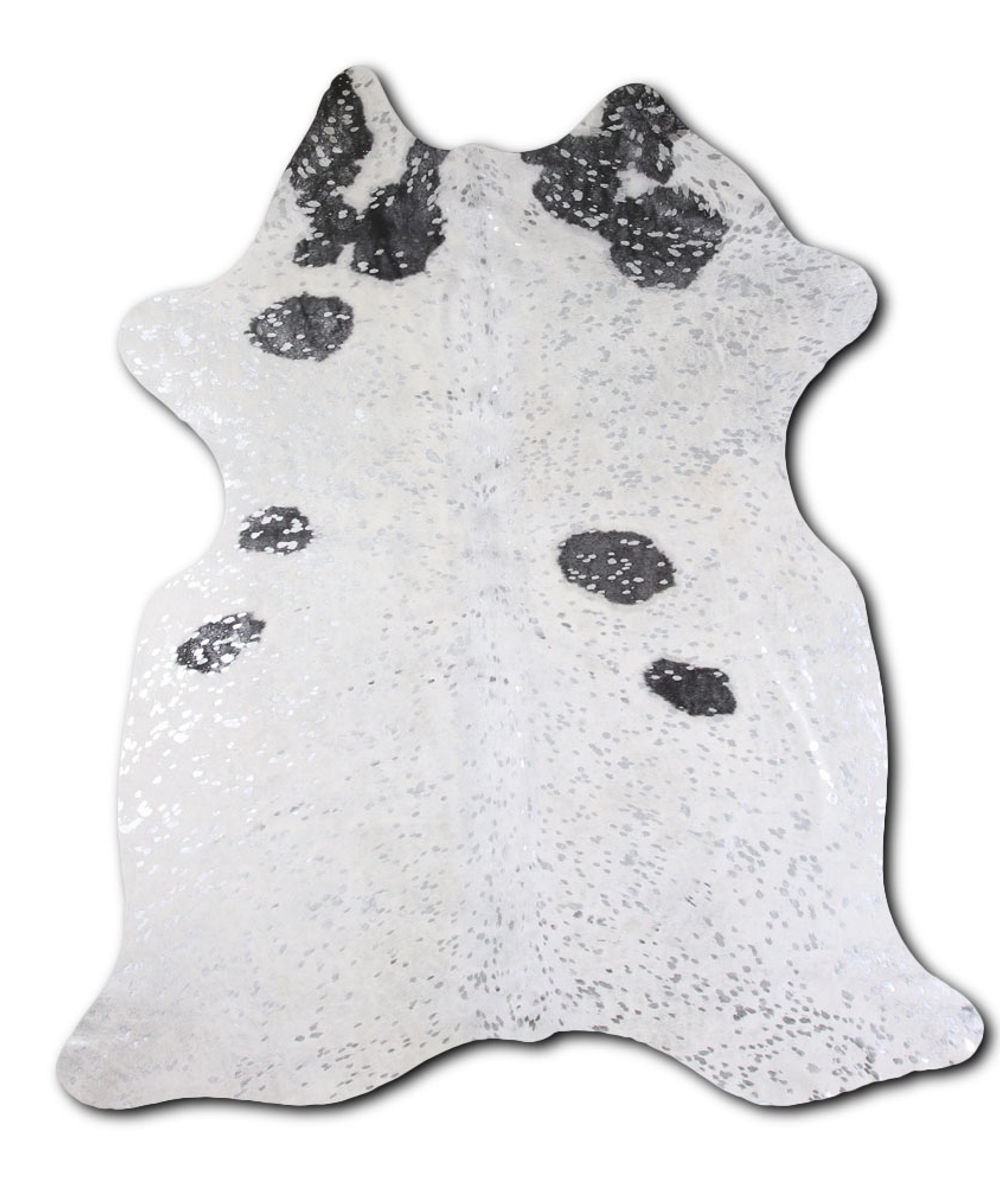 Admired cowhide rugs for sale SILVER METALLIC ON BLACK AND WHITE rug