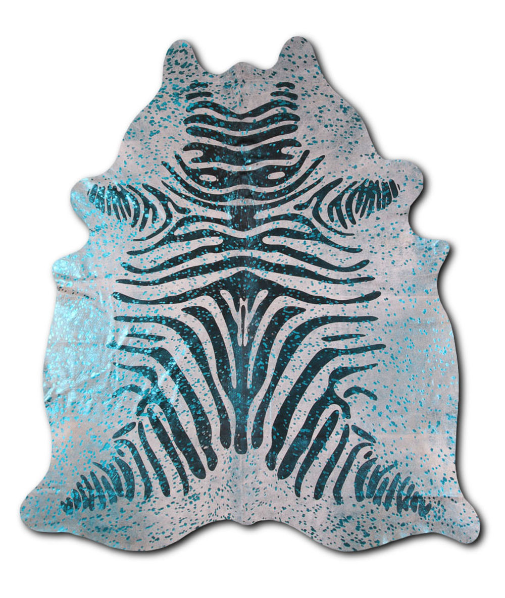 Adorable cowhide rugs for sale BLACK ZEBRA WITH BLUE METALLIC rug