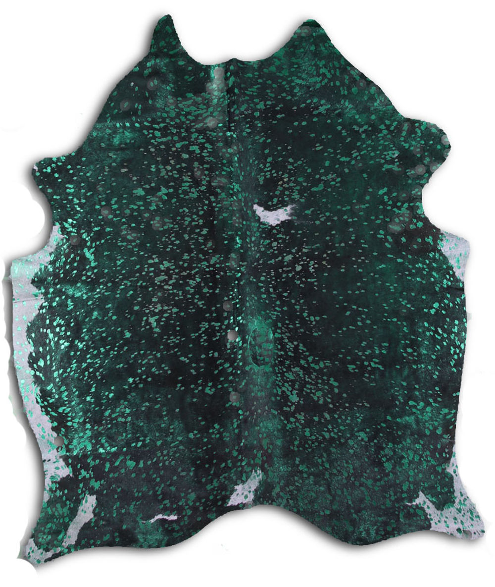 Clean cowhide rugs for sale GREEN METALLIC ON BLACK rug