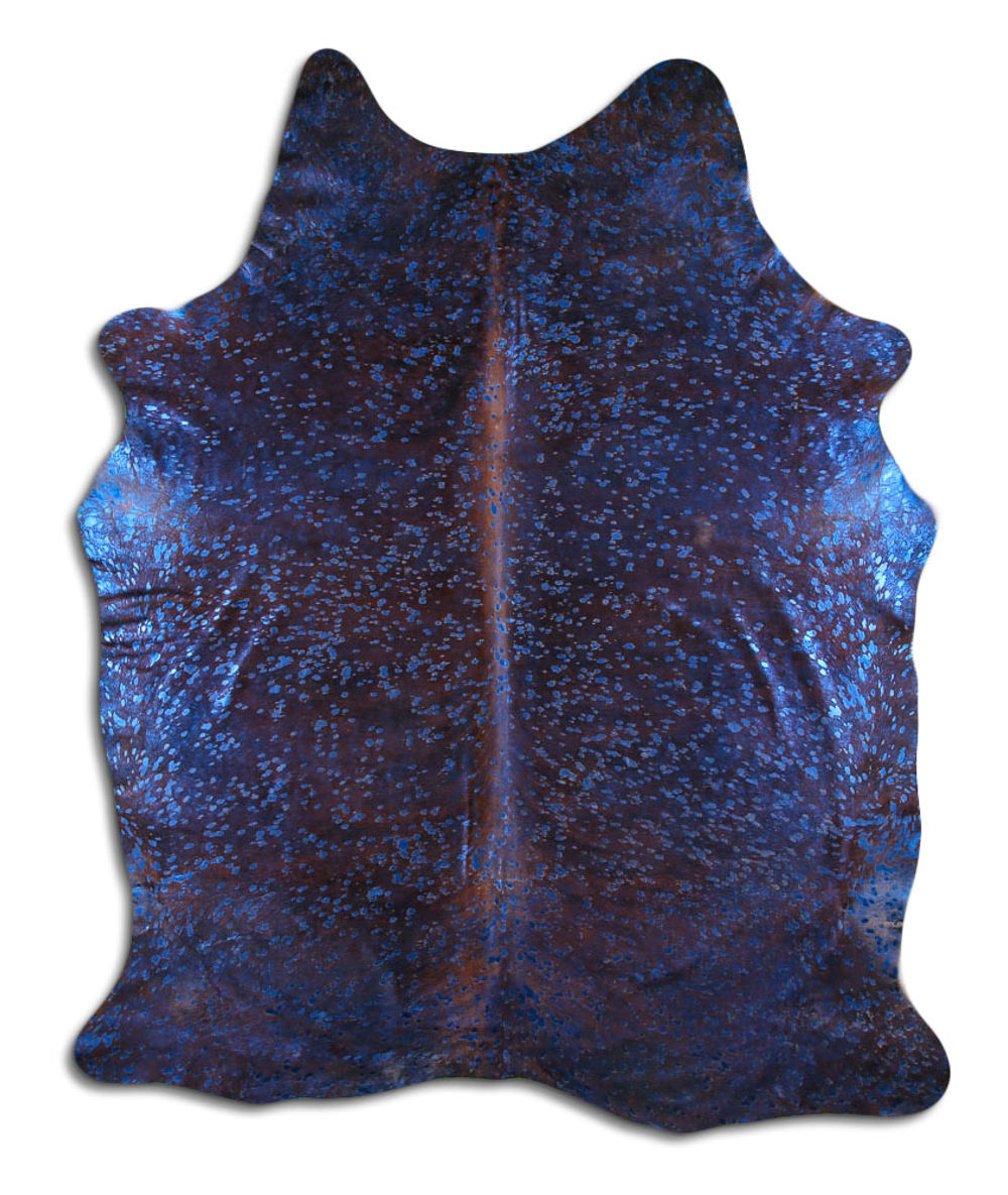 Endowed cowhide rugs for sale BLUE METALLIC ON BRINDLE rug