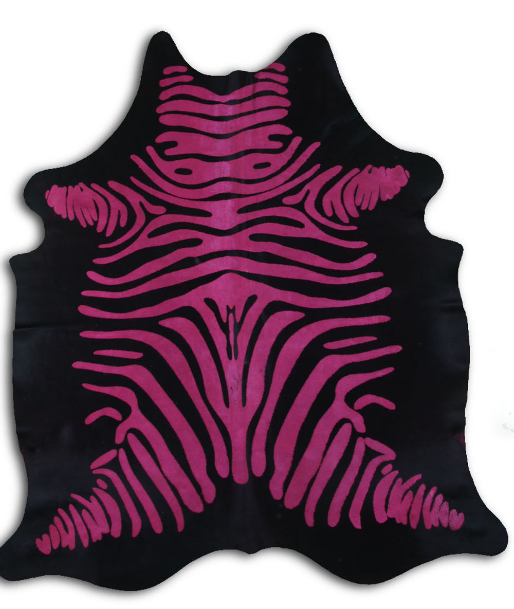 Consentient cowhide rugs for sale DISTRESSED ZEBRA PINK ON BLACK rug