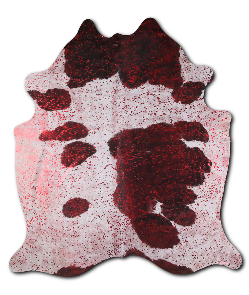 Affecting cowhide rugs for sale RED METALLIC ON BLACK AND WHITE rug