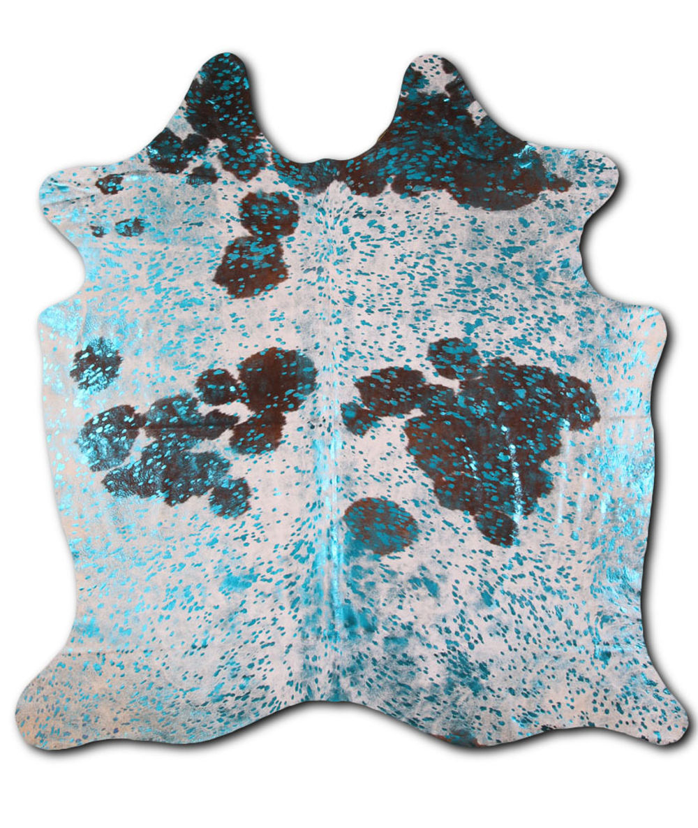 Amin cowhide rugs for sale BLUE METALLIC ON BROWN AND WHITE rug