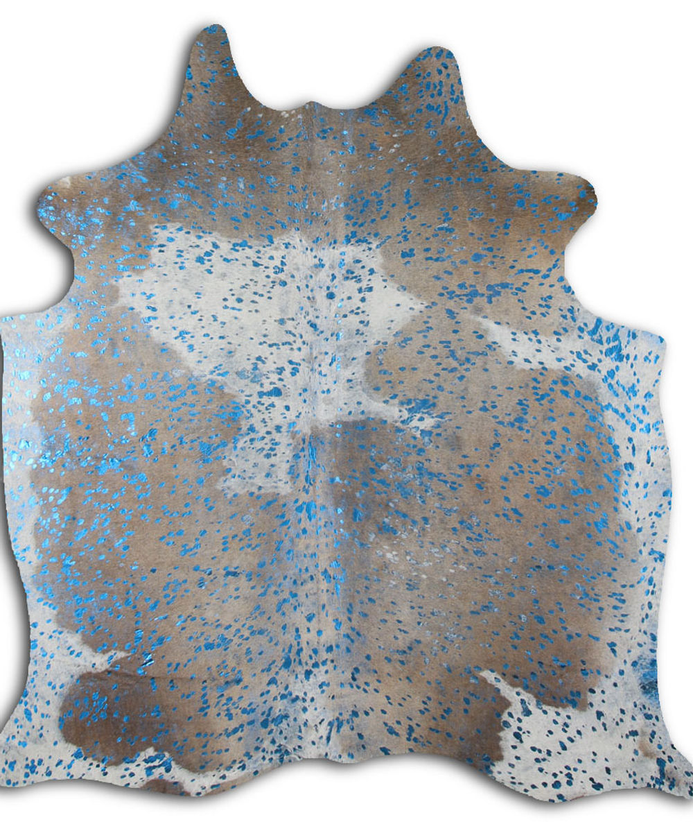 Clean-cut cowhide rugs for sale BLUE METALLIC ON BROWN AND WHITE rug