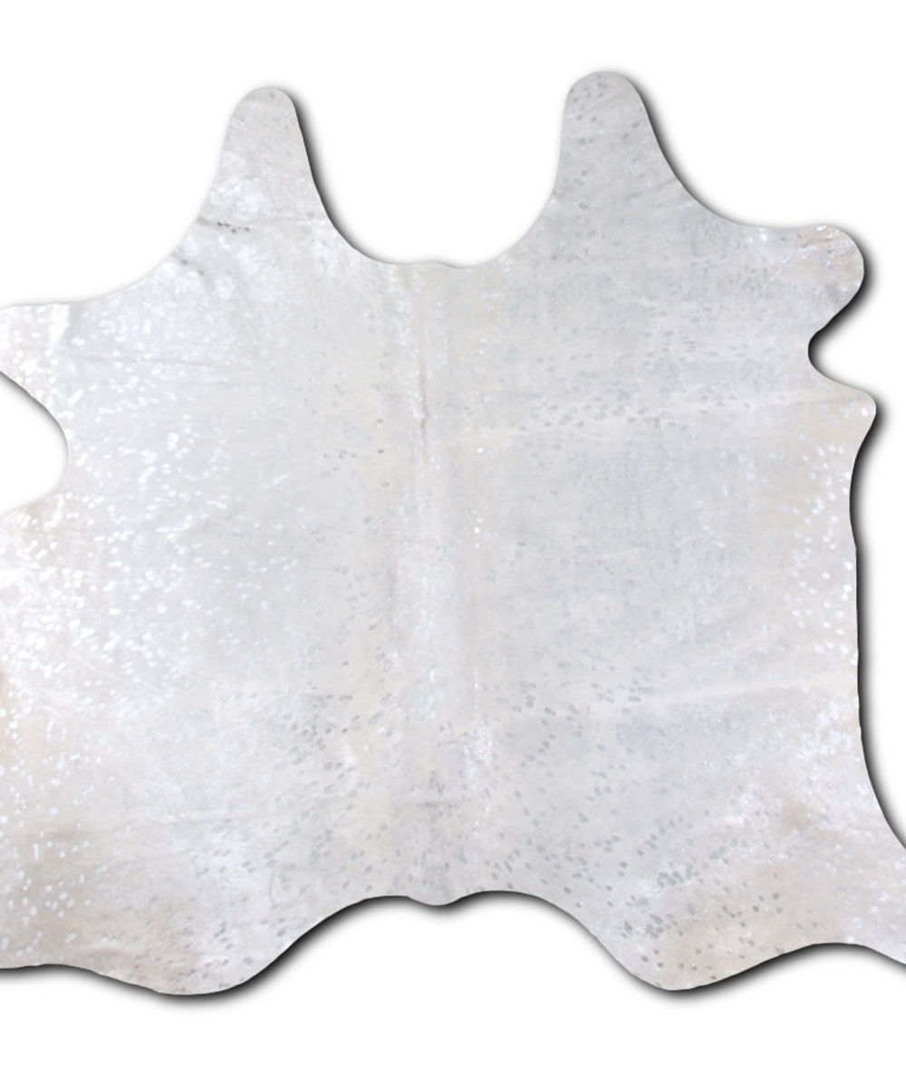 Accomplishment cowhide rugs for sale SILVER METALLIC ON WHITE rug