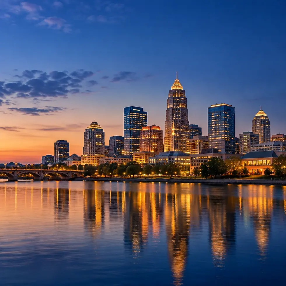 Landscape photography showing the Cleveland skyline glowing against a twilight sky. The city lights reflect beautifully across the surface of the river.