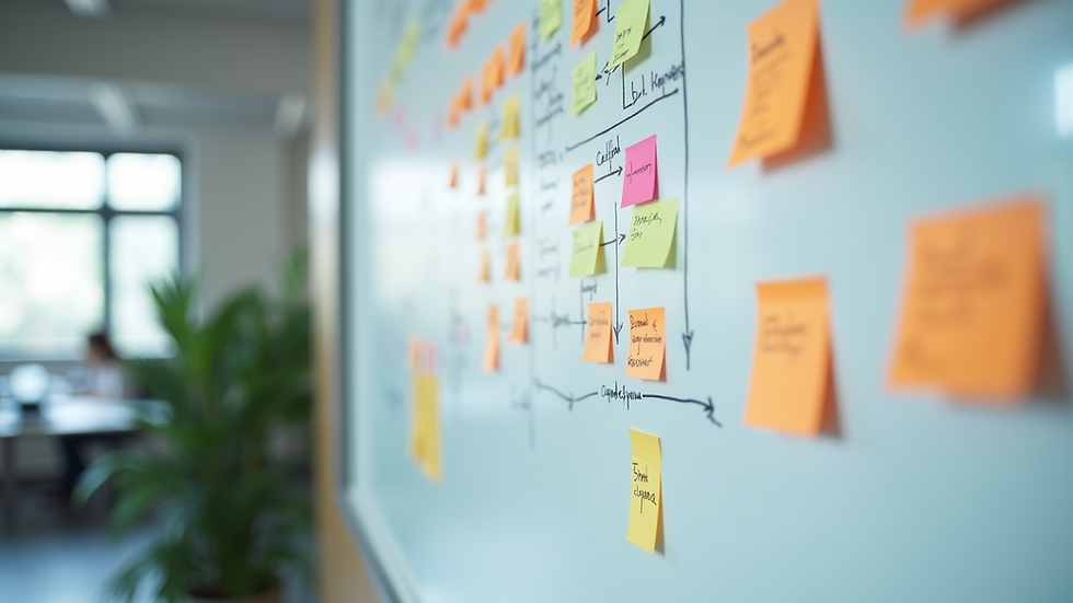 Eye-level view of a whiteboard with colorful sticky notes and communication flowcharts