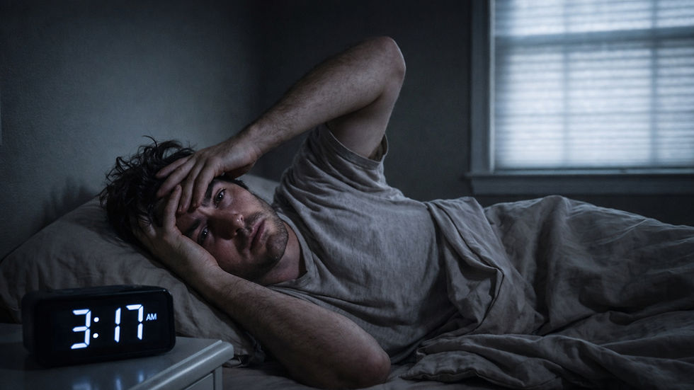 גבר נראה מתוסכל, שוכב במיטתו באמצע הלילה. נראה שלא מצליח להרדם.