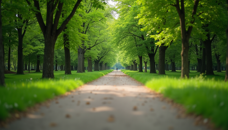 תצפית בגובה העיניים על שביל הליכה בין עצים ירוקים