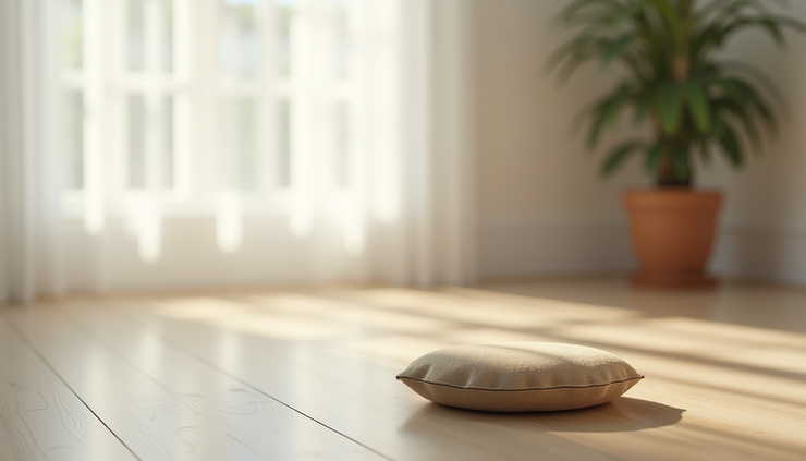 תקריב של כרית מדיטציה על רצפת עץ בהירה