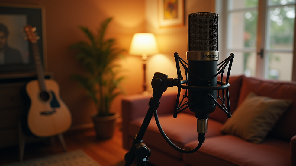 Close-up view of a microphone set up for audiobook recording