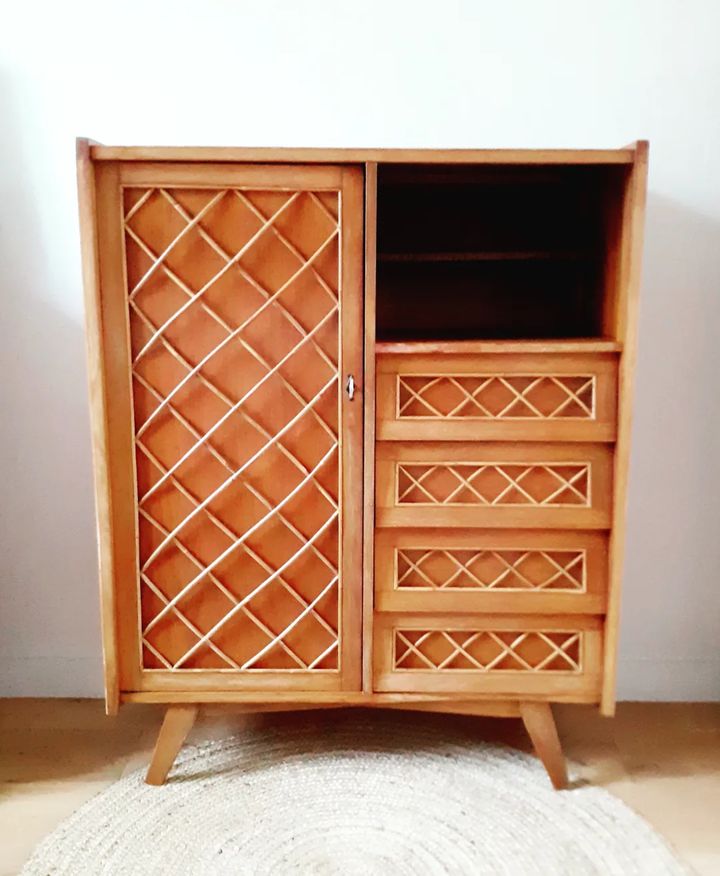 Commode 5 Tiroirs En Bois Et Cannage Rotin - 60x34x91 Cm - Meuble De Rangement Chambre, Salon, Entrée - Style Naturel Et épuré