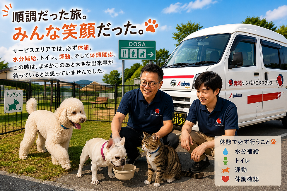 長距離輸送中にサービスエリアのドッグランで休憩するフレンチブルドッグとスタンダードプードル