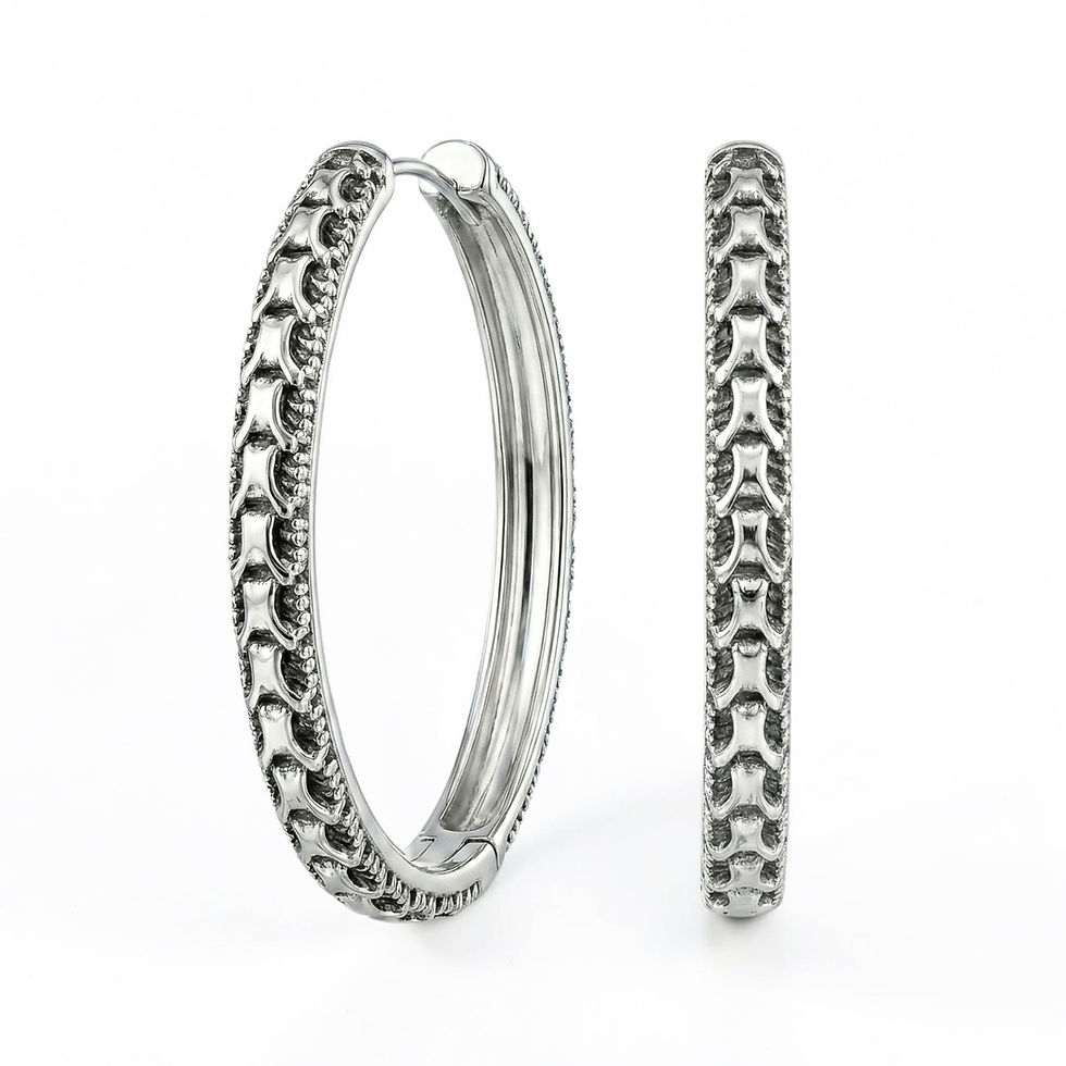 Sterling silver Anemone oval hoop earrings, front and side view on a white background