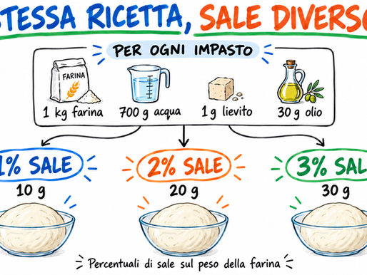 Confronto tra tre impasti per pizza al 70% di idratazione con 1%, 2% e 3% di sale sulla farina.