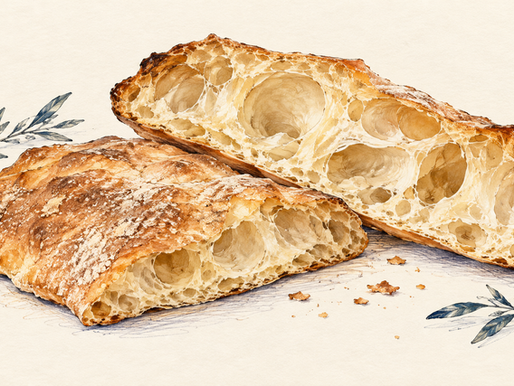 Illustrazione del Pan de Cristal: crosta sottile e grandi alveoli dalle pareti delicate.