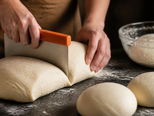 Mani che dividono un impasto con un tarocco arancione, accanto a panetti formati e a una ciotola di impasto a riposo.