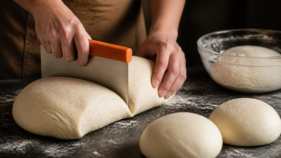 Mani che dividono un impasto con un tarocco arancione, accanto a panetti formati e a una ciotola di impasto a riposo.