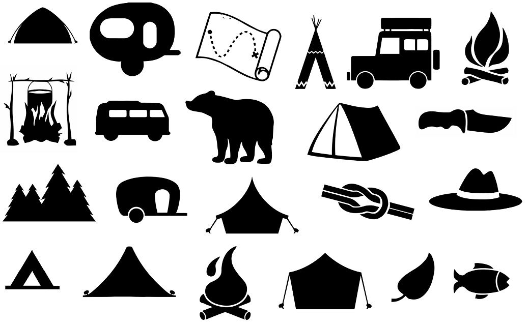 Camp tent ⛺ svg campfire suv bear hat fish knife black and white image clip art