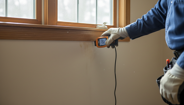 Close-up view of a moisture meter being used near an interior wall.
