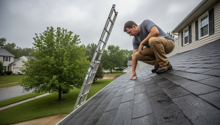 Low-angle view of a home inspector examining roof shingles after a storm.