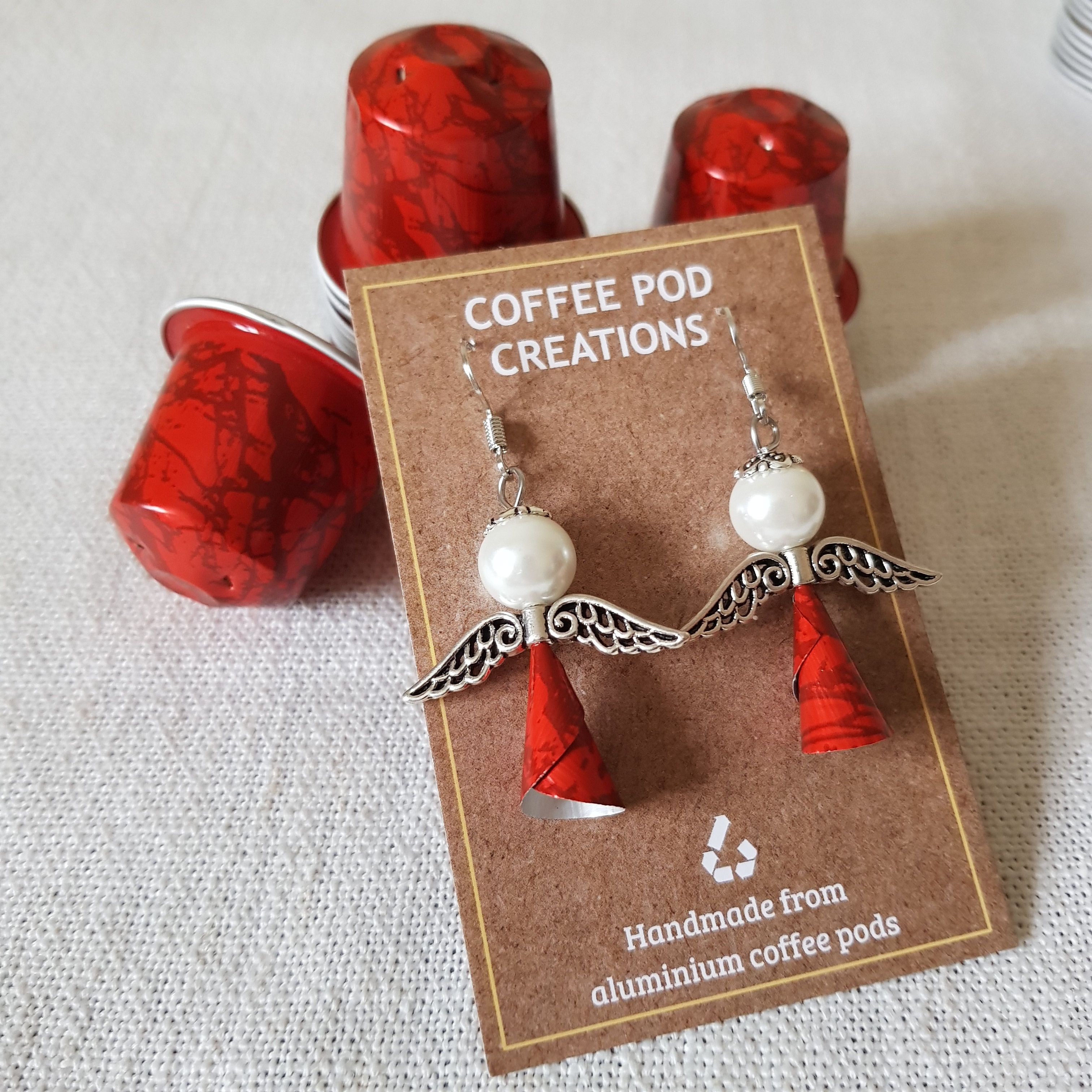 Upcycled Red Angel Earrings with Silver Wings