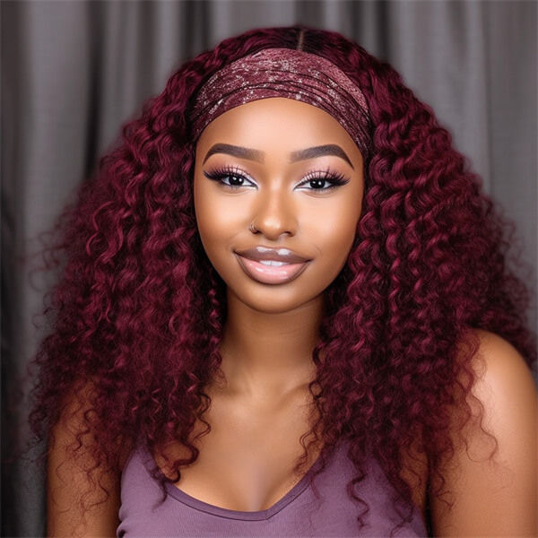 Thumbnail: Human Hair Headband 1B/99J Deep Curly Wig - MH