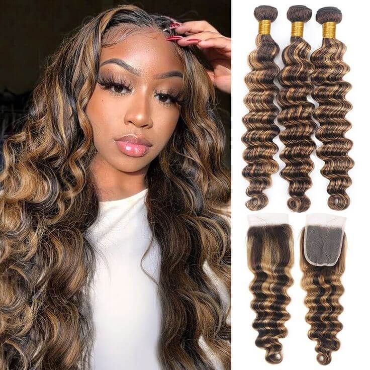 Human Hair P4/#30 Deep Wave - 3 Bundles & 4x4 Closure - Hair Packages - IS10