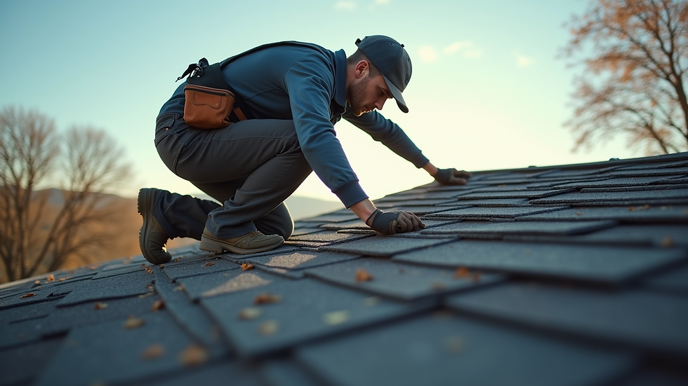 Eye-level view of a roofer inspecting shingles on a residential roof