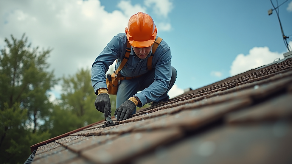 Eye-level view of a roofing contractor inspecting a residential roof in Houston