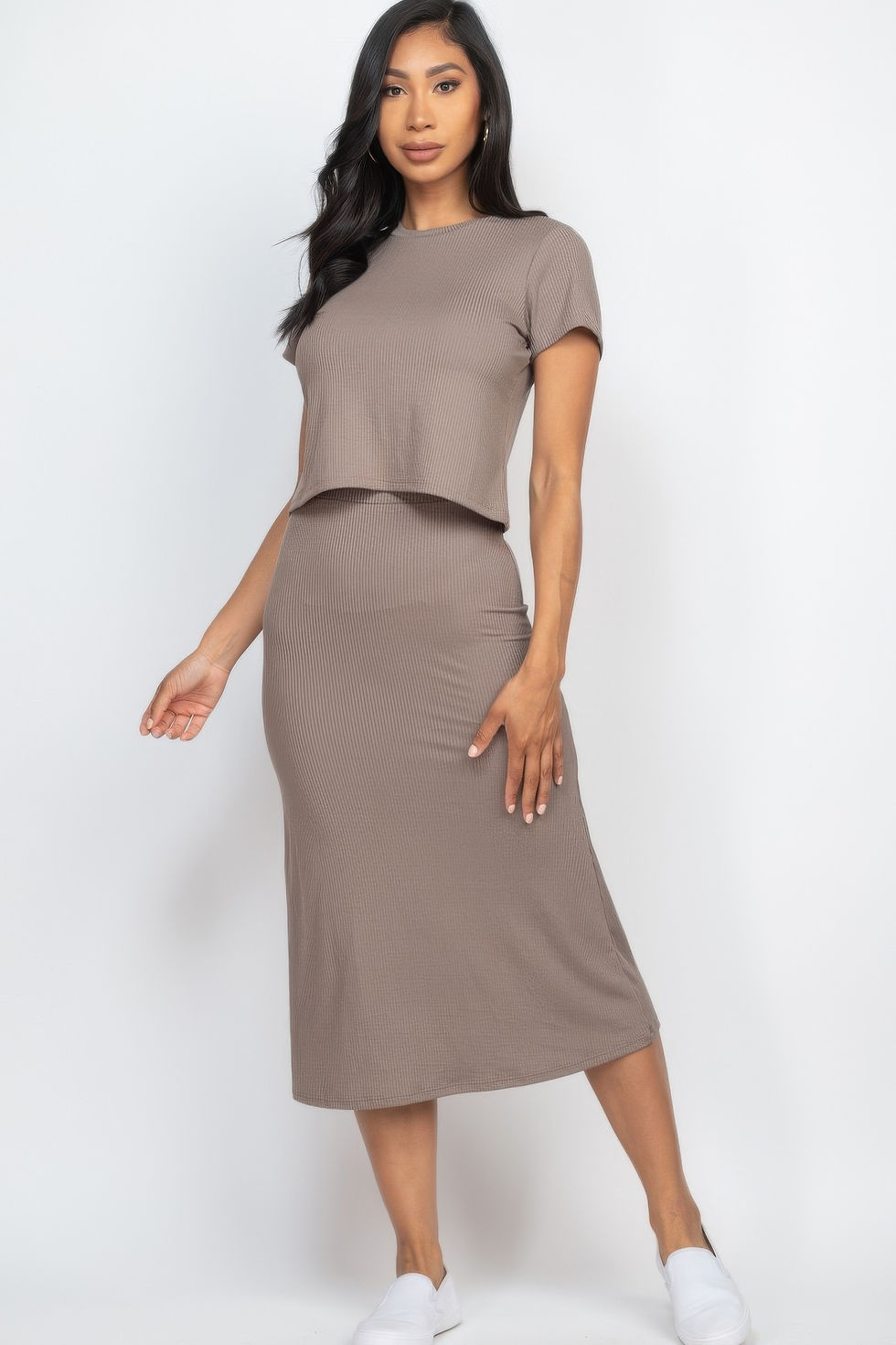 Thumbnail: Short Sleeve Ribbed Top & Midi Skirt Se