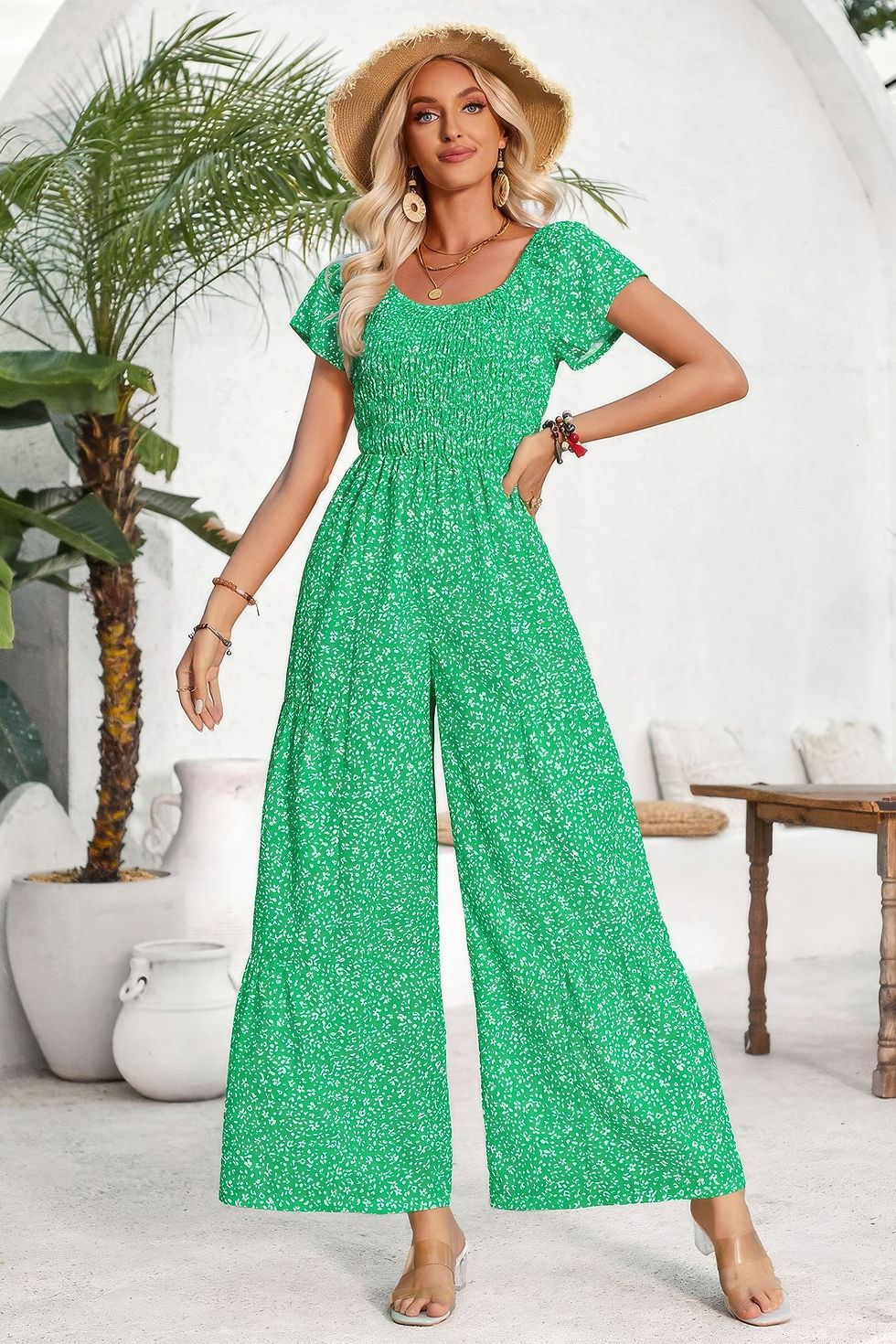 Thumbnail: Square Neck Ruched Dot Print Wide Leg Jumpsuit