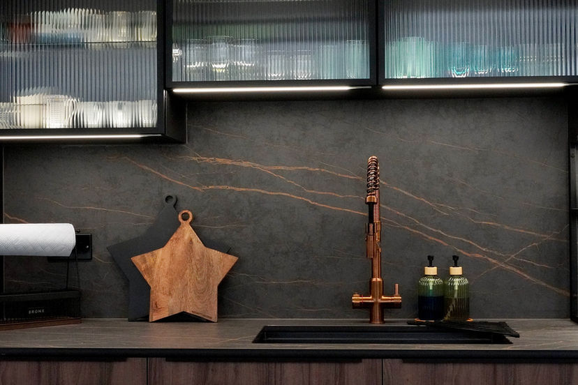 Dekton Laurent splashback in Schuller kitchen.