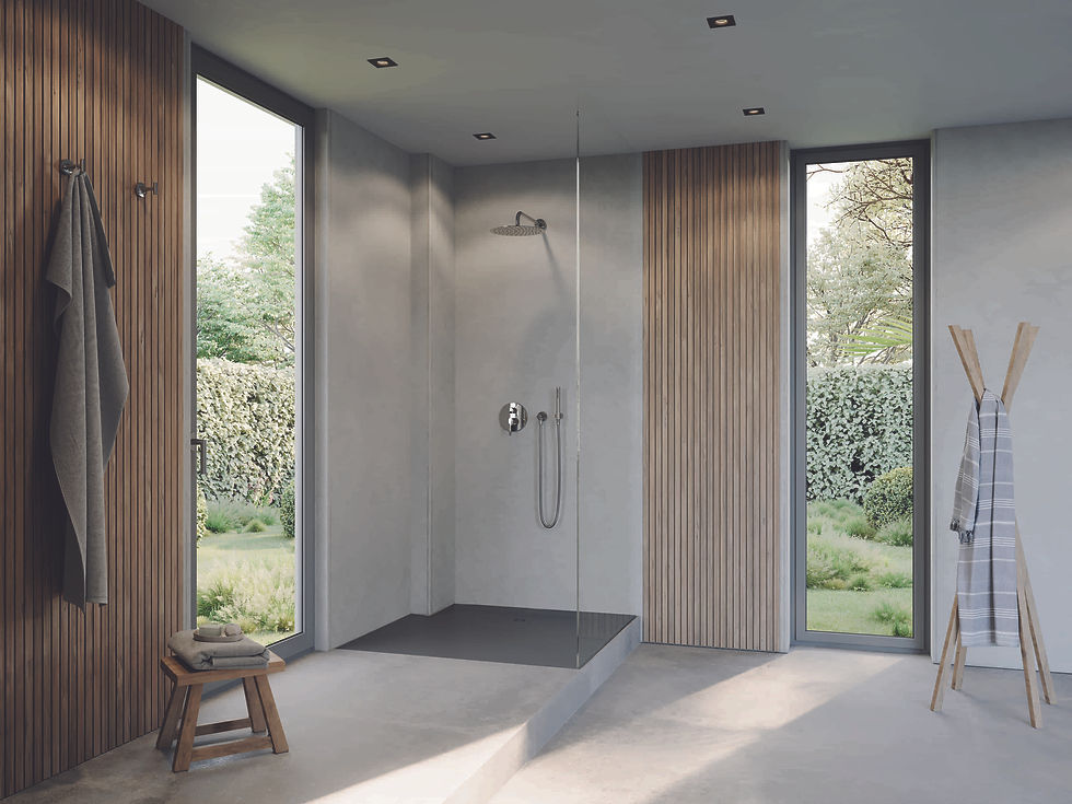 Large bathroom with walk in shower and wood panelling on the walls