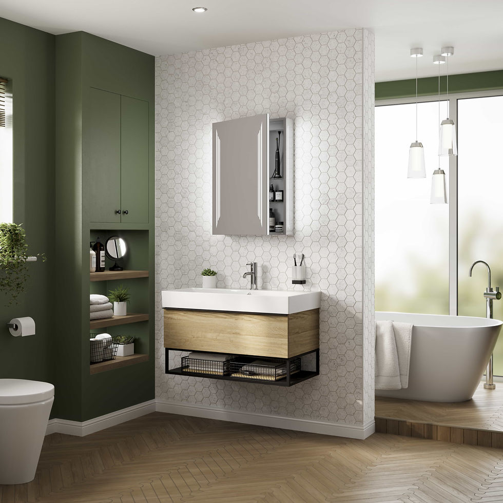 HiB wooden and black wall hung vanity unit in modern bathroom