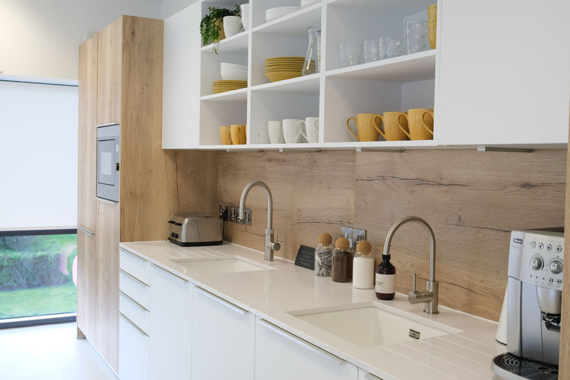 schuller unit matt white kitchen with cremona wood units