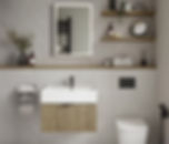 Modern wall hung bathroom unit with wooden drawer and white basin.