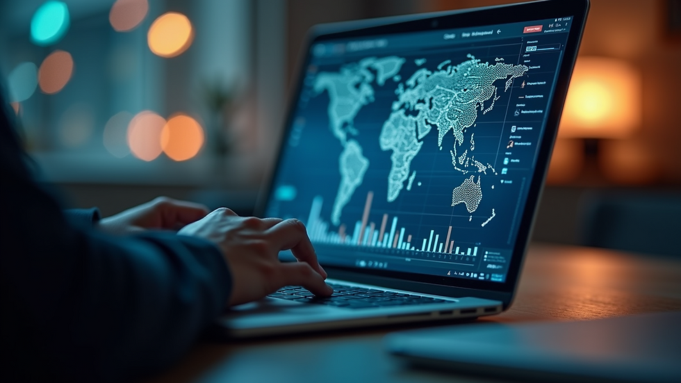 Close-up view of a person working on a laptop with AI-related graphics on the screen