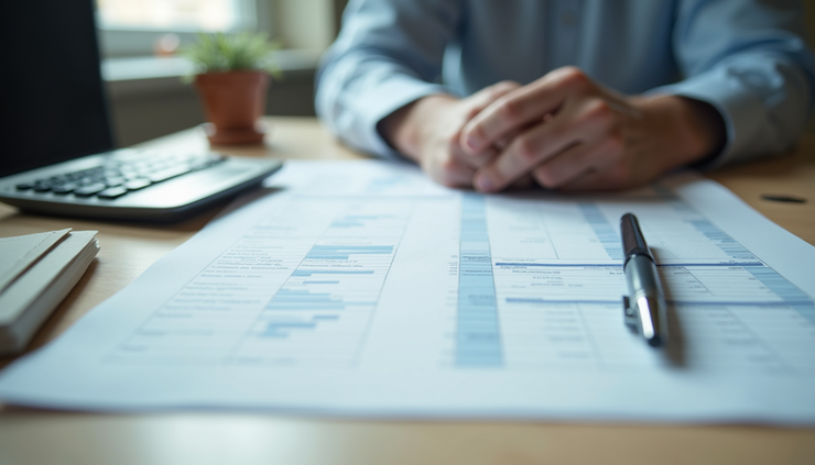 Eye-level view of a desk with organized financial documents and a calculator