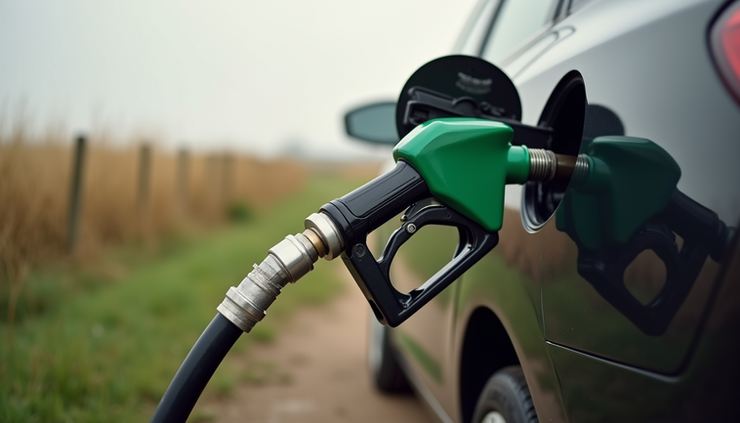 Eye-level view of a diesel car fuel filler with petrol nozzle mistakenly inserted