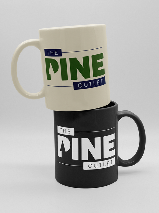 Two mugs are shown featuring a logo designed for The Pine Outlet. The logo features dark green and blue elements with a modern pine tree symbol creating the negative space within the P.