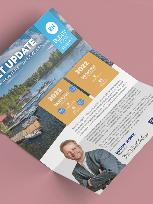 Tri-fold newsletter feature a local Realtor and market statistics featuring a photo of Lake Sunapee, NH, and blue and orange elements.
